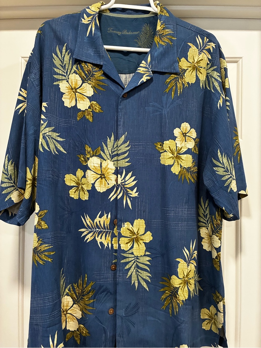 Tommy Bahama Blue Hawaiian Camp Shirt with Yellow Floral Print